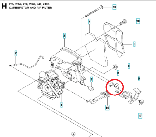 Sprężyna wyłącznika pilarki Husqvarna 120 Mark II, 230, 240, spiralna, metalowa, umieszczona w dolnej części, widok z boku na prostym tle eksponujący szczegóły.