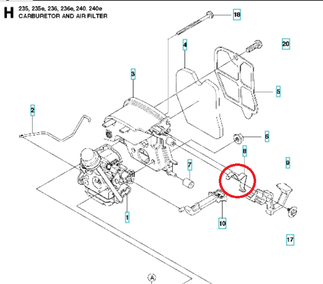 Sprężyna wyłącznika pilarki Husqvarna 120 Mark II, 230, 240, spiralna, metalowa, umieszczona w dolnej części, widok z boku na prostym tle eksponujący szczegóły.