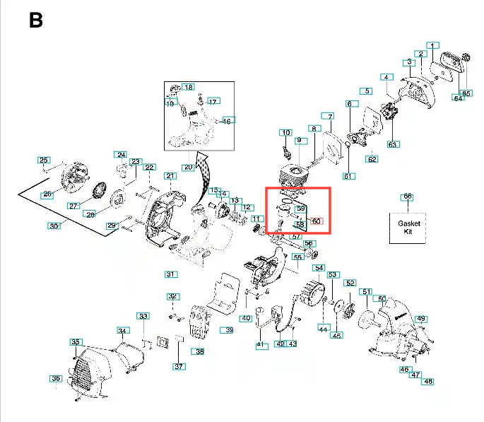 Tłok wykaszarki Husqvarna 125 R, metalowy element o cylindrycznym kształcie, widoczny w zestawieniu części. Ujęcie frontalne, detale ukazują mocowanie i otwory. Tło techniczne, schemat z numeracją części. Idealny do naprawy wykaszarki.
