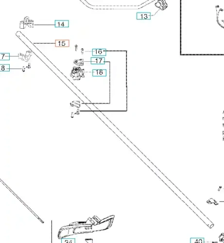 Metalowa rura wysięgnika wykaszarki Husqvarna 125R, długa, prostokątna, z widocznymi mocowaniami i szczegółami gwintów, na białym tle. Brak dodatkowych elementów. Idealna do prac wykaszania w ogrodzie.