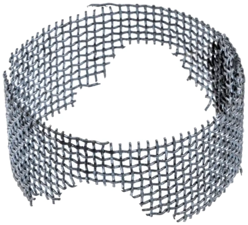 Ekran wykaszarki 125 RB Husqvarna w metalowej siatce o srebrnym kolorze, zwinięty w formie pierścienia. Widok frontalny ukazuje otwory w siatce, brak wyraźnych napisów lub logo. Produkt na jednolitym tle. Idealny do zastosowań w ogrodnictwie.