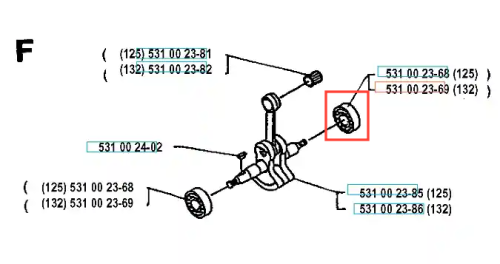 Łożysko wału korbowego wykaszarki Husqvarna 125 RB, widoczne z boku z oznakowaną okrągłą, metalową częścią z zewnętrznym rowkiem i czytelnym numerem katalogowym na białym tle.