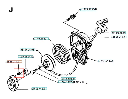 Sprężyna rozrusznika wykaszarki 125 RB Husqvarna, metalowa, srebrna, spiralna, zamontowana w obudowie rozrusznika obok innych części mechanicznych na białym tle.