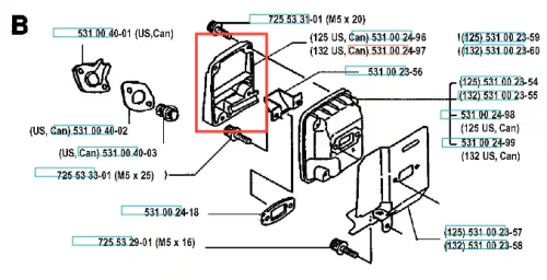 Osłona tłumika wykaszarki 125RD/125R Husqvarna w kolorze czarnym, wykonana z wytrzymałego tworzywa. Widoczna z boku, w pozycji stojącej. Kształt prostokątny z wycięciami na mocowania. Na jasnym tle, bez dodatkowych elementów.