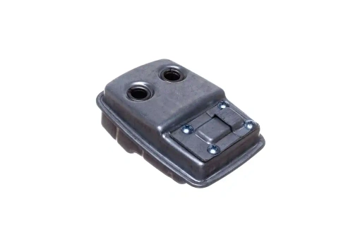 Metaliczny, prostokątny zespół tłumika wykaszarki Husqvarna 125 RJ z dwoma otworami, leżący na płaskiej powierzchni, z czterema srebrnymi wkrętami i górnym zamknięciem.