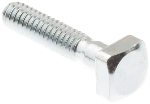 Śruba wału wykaszarki 128LX Husqvarna, stalowa, z pełnym gwintem, prostokątną główką, srebrna. Zdjęcie boczne zbliżenie na gwint, na jednolitym tle, dostosowana do sprzętu ogrodniczego.