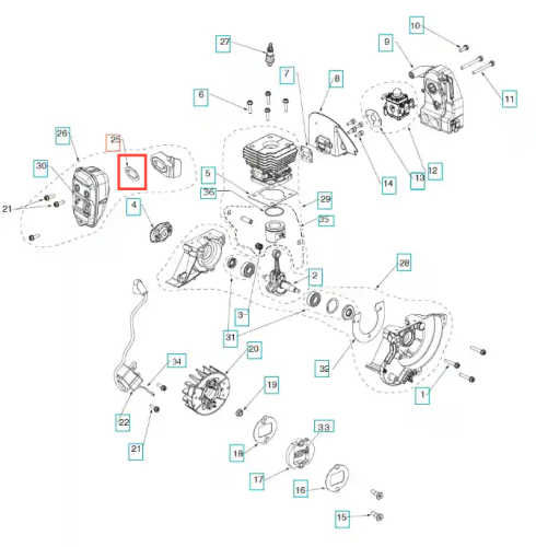 Uszczelka wykaszarki 129R/129RJ Husqvarna, mały, owalny element w kolorze czarnym. Widok z góry, w centralnej części schematu, otoczony innymi częściami maszyny. Nie zawiera widocznych napisów ani logo. Przeznaczona do montażu w urządzeniu.