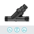 Regulator ciśnienia w kolorze czarnym, z tworzywa sztucznego, o wymiarach zewnętrznych średnicy 1 cal (26/34 mm). Stojący, z widocznym zaworem i oznaczeniem maksymalnego ciśnienia 3,1 bar, idealny do systemów nawadniających.