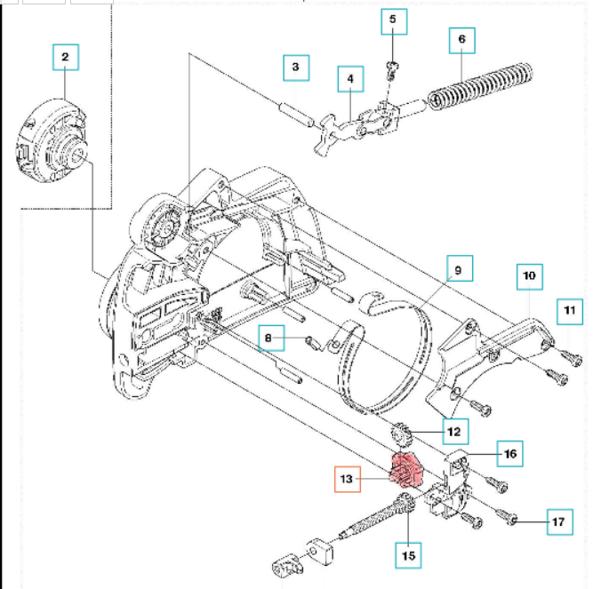 Czarne pokrętło napinacza Husqvarna 235e/236e/240e z teksturowaną powierzchnią i wyraźnymi oznaczeniami, na białym tle. Brak dodatkowych akcesoriów.