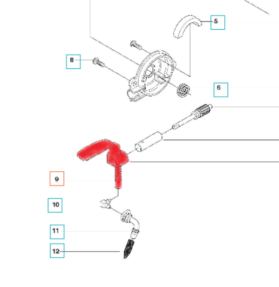 Uszczelka pompy oleju w kolorze czarnym z elementem w odcieniu czerwonym, umieszczona w diagramie schematycznym. Pokazana z boku, w pozycji leżącej, obok innych części, z wyraźnymi detalami mechanicznymi.