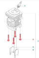 Śruba cylindra pilarki Husqvarna widziana z góry, z czerwonymi śrubami mocującymi i metalicznym cylindrem. Precyzyjne wykończenia i otwory montażowe. Elementy stojące, gotowe do instalacji.