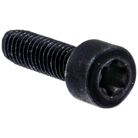 Czarna metalowa śruba tłumika pilarki Husqvarna z gwiazdowym otworem i gwintem na całej długości, pionowo na białym tle. Pasuje do modeli 120 Mark II, 235, 236, 240.