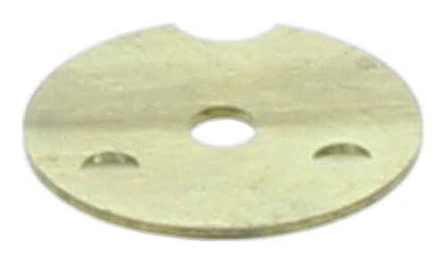 Złoty zawór wykaszarki 265 RX Husqvarna, okrągły kształt, z centralnym otworem i dwoma mniejszymi wycięciami. Produkt widoczny z przodu, na jednolitym tle, co ułatwia ogólną ocenę jego wymiarów i detali strukturalnych.