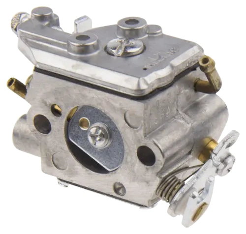 Gaźnik wykaszarki Husqvarna 327RX/323R w kolorze metalicznym. Frontowy widok z bocznym ujęciem, ukazuje wlot powietrza i podłączenia rur. Widoczne pokrętło regulacji i zapięcie. Elementy montażowe wyraźnie widoczne, bez tła.