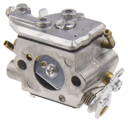 Gaźnik wykaszarki Husqvarna 327RX/323R w kolorze metalicznym. Frontowy widok z bocznym ujęciem, ukazuje wlot powietrza i podłączenia rur. Widoczne pokrętło regulacji i zapięcie. Elementy montażowe wyraźnie widoczne, bez tła.