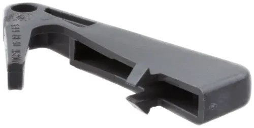 Blokada dźwigni gazu do pilarek Husqvarna 435 i 440 II, czarna, z tworzywa sztucznego. Prosty kształt z otworami montażowymi i logo Husqvarna, leżąca na płaskiej powierzchni.