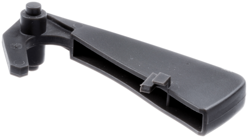 Blokada dźwigni gazu pilarki Husqvarna 439, T435, w kolorze czarnym, z tworzywa sztucznego. Produkt leży na jednolitym tle, ukazując kształt o wydłużonej formie oraz szczegóły mocowania. Widoczne jedno okrągłe wycięcie i elementy funkcjonalne.