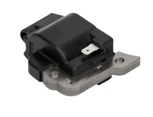 Moduł zapłonowy nożyc Husqvarna 123HD60/123HD65X w czerni z metalową podstawką leżący na płaskiej powierzchni, z widocznym złączem, kontaktem i detalami konstrukcji zapewniającymi funkcjonalność.