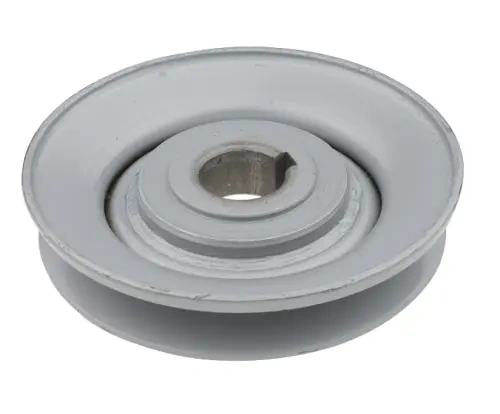 Koło pasowe do riderów R214C/R316T Husqvarna w szarym kolorze, o okrągłym kształcie z centralnym otworem. Ujęcie frontalne, prezentujące gładką powierzchnię i wyraźne kontury. Produkt nowy, z widocznymi detalami mocowania.