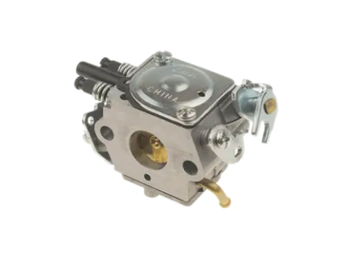 Gaźnik nożyc 323HD60/wykaszarki 326RX Husqvarna, metalowy, z widocznymi otworami i zaworami. Ujęcie z boku, prezentujące szczegóły montażowe i elementy mocujące. Jasne i przejrzyste detale, na prostym tle.