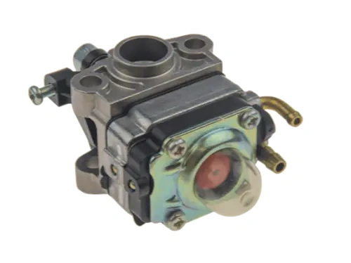 Gaźnik nożyc Husqvarna 123HD60/65X, metalowy, srebrny z czarnymi elementami. Widoczne śruba mocująca, dwa przyłącza wężowe i szczegóły konstrukcji w ujęciu bocznym.