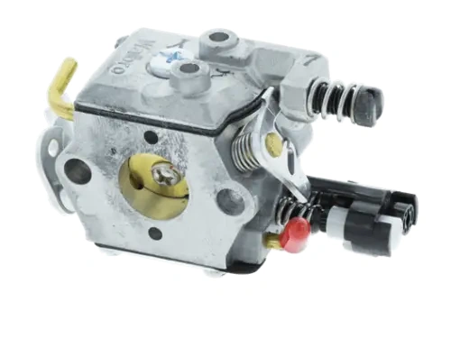 Gaźnik nożyc 225H60/225H75 Husqvarna w kolorze srebrnym, metalowy, z widocznymi złączkami i przyłączami. Z góry, w zbliżeniu na rurki i elementy mocujące. Produkt nowy, przeznaczony do maszyn ogrodniczych, z wyraźnymi detalami.