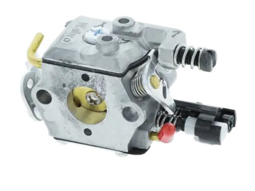 Gaźnik nożyc 225H60/225H75 Husqvarna w kolorze srebrnym, metalowy, z widocznymi złączkami i przyłączami. Z góry, w zbliżeniu na rurki i elementy mocujące. Produkt nowy, przeznaczony do maszyn ogrodniczych, z wyraźnymi detalami.