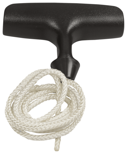 Uchwyt z linką rozrusznika pilarki Husqvarna w kolorze czarnym z białą plecionką. Produkt ukazany pod kątem, z góry, z boku. Uchwyt o ergonomicznym kształcie z okrągłym mocowaniem. Linka zwinięta, gotowa do montażu lub wymiany. Tło czarne.