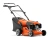 Pomarańczowa kosiarka spalinowa Husqvarna LC 140P z metalowym silnikiem, ergonomiczną rączką, pojemnym zbiornikiem na trawę i stabilnymi kółkami z bieżnikiem na czarnym tle.