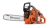 Pilarka Husqvarna 543XP z pomarańczową obudową, metalowym łańcuchem i prowadnicą, z ergonomiczną rączką i logo. Produkt stoi na tle, ukazując detale mechanizmu i mocowania.