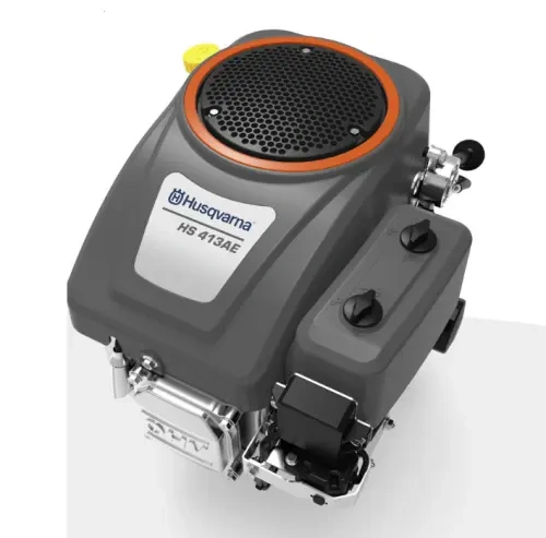 Silnik HS 413AE do Ridera R214C w kolorze szarym z pomarańczowym detalem. Ujęcie z boku, ukazujące zbiornik, przyciski regulacji i kratkę wentylacyjną. Widoczne logo Husqvarna. Produkt w nowym stanie, gotowy do montażu.
