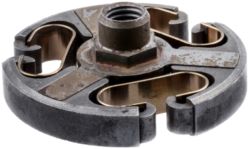 Zespół sprzęgła do wykaszarki 265 RX Husqvarna w układzie poziomym, w zbliżeniu. Metalowy, okrągły element z centralnym gwintem i szczelinami, wykończony w matowym grafitowym kolorze, z widocznymi śladami użytkowania.