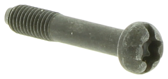 Śruba wykaszarki Husqvarna 265 RX, ciemnoszara, pełny gwint, półokrągła główka z sześciokątnym otworem, widok boczny, bez tła, do narzędzi ogrodniczych.