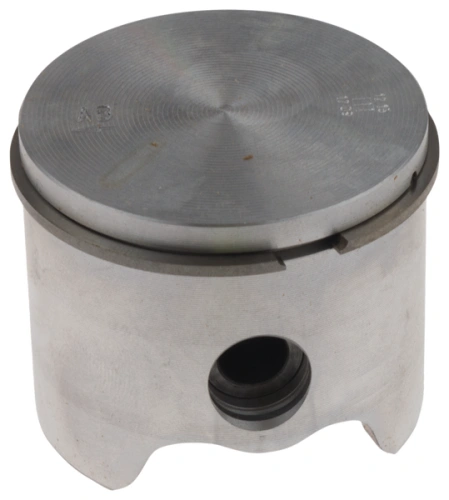 Metaliczny zespół tłoka wykaszarki 265 RX Husqvarna, o gładkiej, lśniącej fakturze, okrągły z wycięciem i widocznymi oznaczeniami, leżący na płaskiej powierzchni.