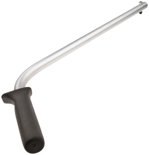 Uchwyt lewy do wykaszarki 265 RX Husqvarna, wykonany z metalu, z gumowym uchwytem. Produkt pochylony pod kątem, ukazujący ergonomiczną rączkę i gładką, szklistej powłokę. Widoczny detal mocowania na końcu uchwytu, na jasnym tle.