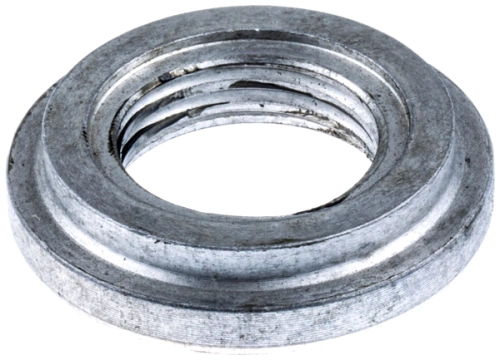 Uszczelnienie wykaszarki 252 RX Husqvarna, metalowe, w kształcie pierścienia z widocznymi rowkami. Zbliżenie na detal, ukazujące jego teksturę oraz okrągły otwór wewnętrzny. Na tle jednolitym, co podkreśla jego kształt i materiał.