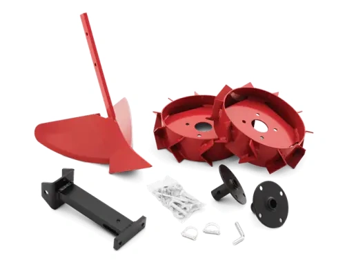 Obsypnik TF536 Husqvarna z metalowymi kołami, w intensywnym czerwonym kolorze. Zestaw zawiera różne elementy, w tym wirnik oraz sprzęt montażowy, ułożony na prostym tle. Widoczny z boku, z detalami konstrukcyjnymi.