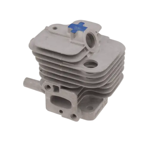 Biały cylinder nożyc Husqvarna 123HD60/123HD65X z żeberkami chłodzącymi, widok boczny, z otworami montażowymi i niebieskim detalem na górze, wykonany z metalu, do silnika.