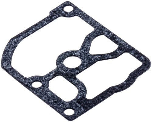 Uszczelka wykaszarki 250 R Husqvarna w kolorze czarnym, o kształcie prostokątnym z wycięciami i okrągłymi otworami. Produkt widoczny z góry, leżący na jasnym tle, wykonany z gumowanego materiału. Idealny do uszczelniania.