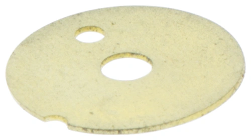 Złoty zawór wykaszarki 250 R Husqvarna w kształcie dysku, z dwoma otworami o średnicy około 5 mm. Widoczny z góry, na jednolitym tle. Dobrze widoczne detale, brak dodatkowych oznaczeń lub dekoracji.