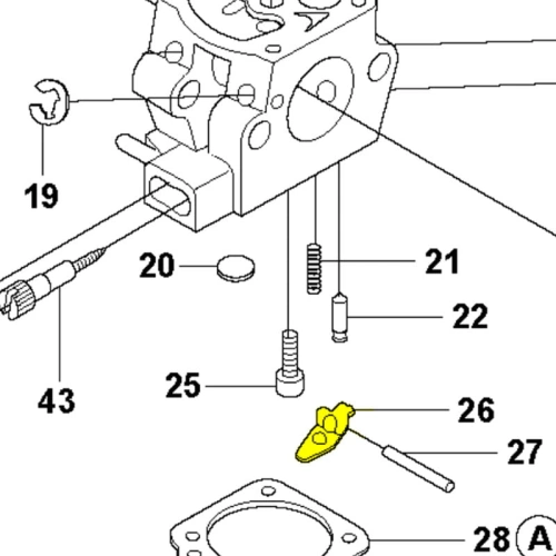 Dźwignia do wykaszarki Husqvarna 253RJ w kolorze żółtym, z wyraźnym kształtem i oznaczeniami. Ujęcie w zbliżeniu, pokazujące detale mocowania i elementy konstrukcyjne. Tło białe, podkreślające produkt.