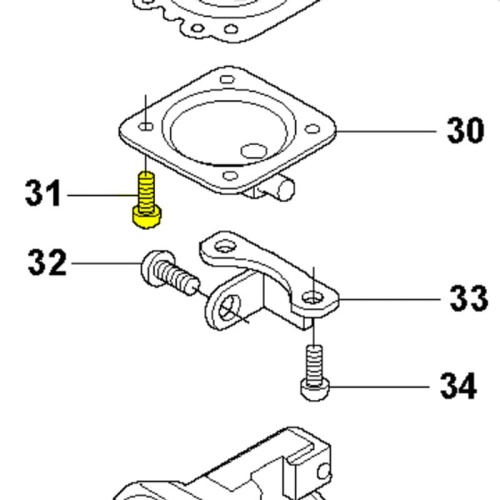 Zestaw 4 elementów śrub do wykaszarki Husqvarna 253RJ, w tym żółta śruba i metalowe mocowania, ułożone na jasnym tle. Różne kształty części, w tym płaskie i z otworami, do montażu wykaszarki.