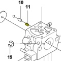 Sprężyna wykaszarki 253RJ Husqvarna, żółta, metalowa, elastyczna, obok części silnika, widok z góry z montażem i detalem kształtu, gotowa do zamontowania.