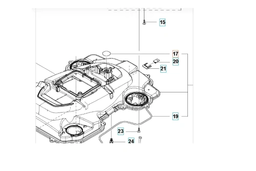 Czarny filtr powietrza do Husqvarna Automower, widoczny z góry, z otworami montażowymi i fakturą przypominającą muszlę, eksponujący miejsce mocowania.
