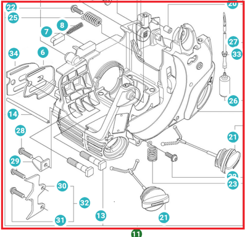 Zbiornik paliwa do pilarek Husqvarna 120 Mark II, 235, 236, 240, z boku, z mocowaniami i otworami. Prostokątny, plastikowy, z elementami montażowymi i żółtym logo, na białym tle.