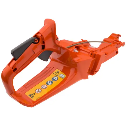 Zbiornik paliwa do pilarek Husqvarna 555, 560XP, 562XP w pomarańczowym kolorze z ergonomiczną rączką, symbolami ostrzegawczymi i elementami mocującymi na neutralnym tle.