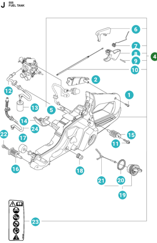 Zbiornik paliwa do pilarek Husqvarna 555, 560XP, 562XP z wężami, mocowaniami i pokrywą, czarny z metalowymi elementami, z logo i symbolami ostrzegawczymi na prostym tle, widok z przodu.