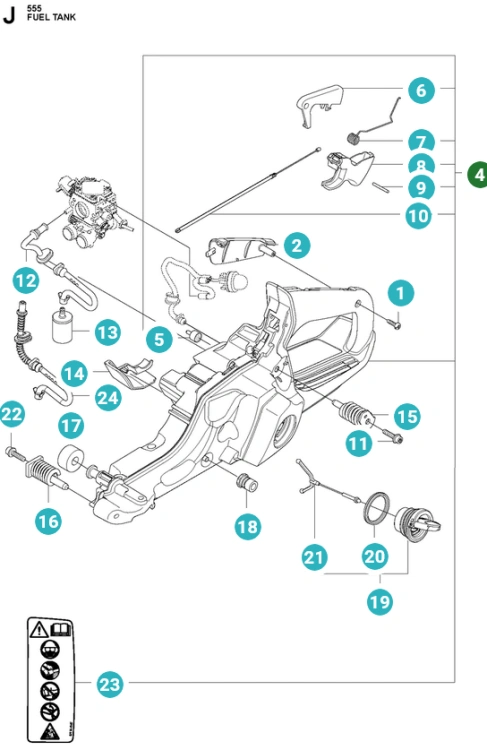 Zbiornik paliwa do pilarek Husqvarna 555, 560XP, 562XP z wężami, mocowaniami i pokrywą, czarny z metalowymi elementami, z logo i symbolami ostrzegawczymi na prostym tle, widok z przodu.