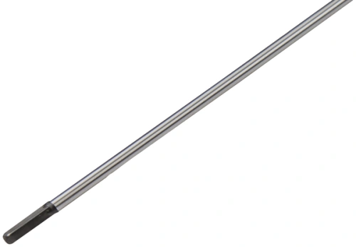 Trzonek wykaszarki Husqvarna 233 RJ, wykonany z metalowego materiału, ma prosty, cylindryczny kształt. Obejmuje uchwyt z otworem do mocowania. Całość w srebrnym kolorze, z czarnym końcem narzędzia. Produkt leży na białym tle.