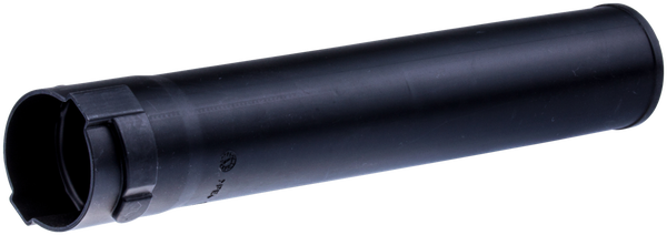 Czarna, gładka rura dmuchawy 125 BT Husqvarna z cylindrycznym kształtem i mocowaniem z wypustem. Zdjęcie z boku, na jednolitym tle. Brak elementów montażowych. Do urządzeń Husqvarna.